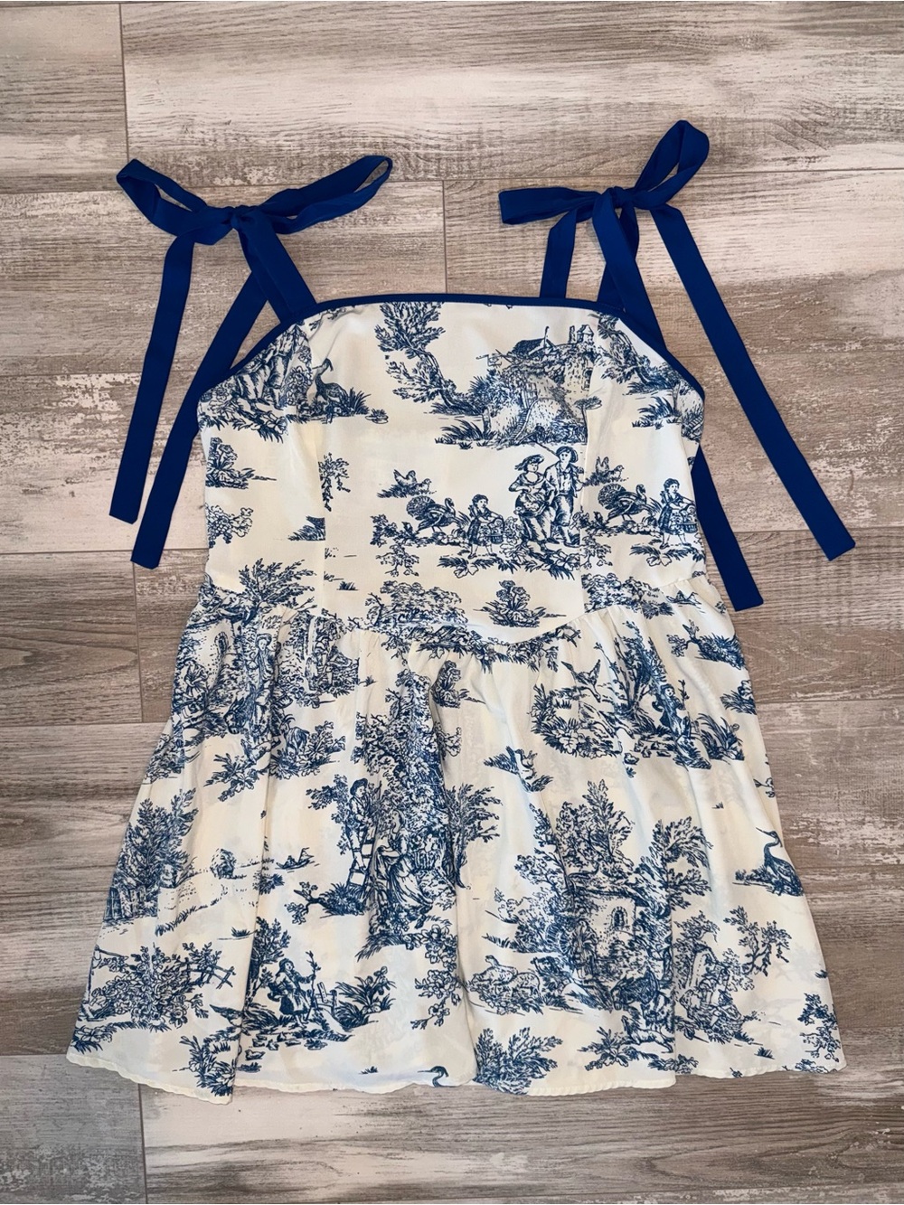 Blue Toile Tie Strap Babydoll Mini Dress Cottagecore Coquette Coastal SHEIN - Picture 2 of 8